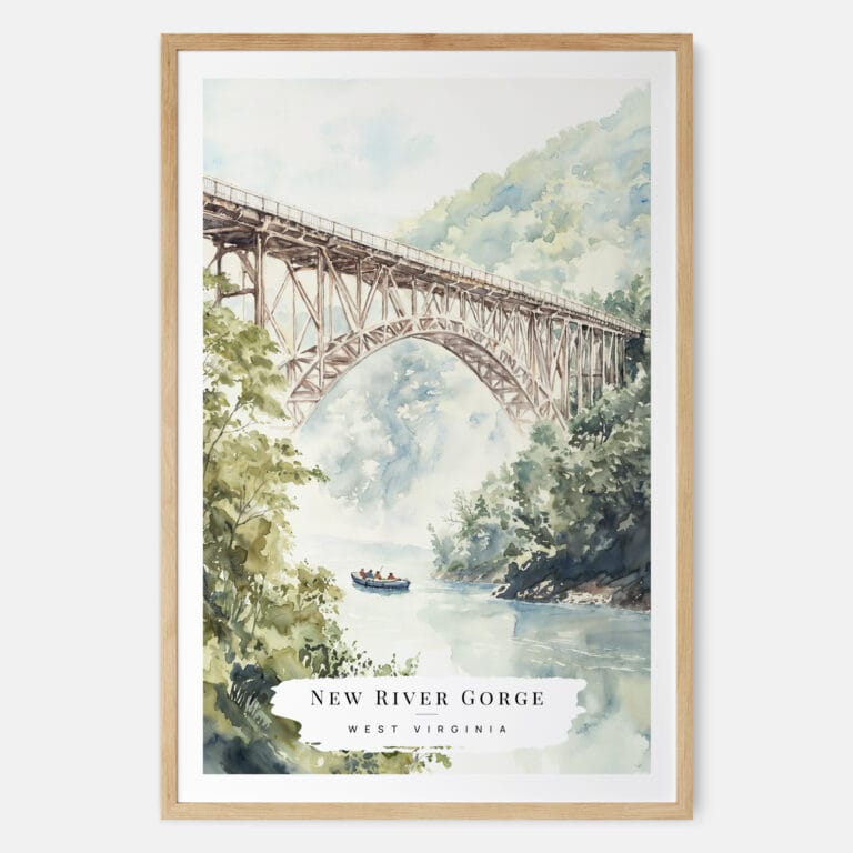 New River Gorge Bridge Watercolor Art Print - Main - Wood Frame