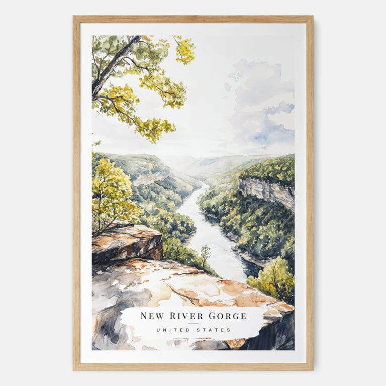 New River Gorge National Park Watercolor Art Print - Main - Wood Frame