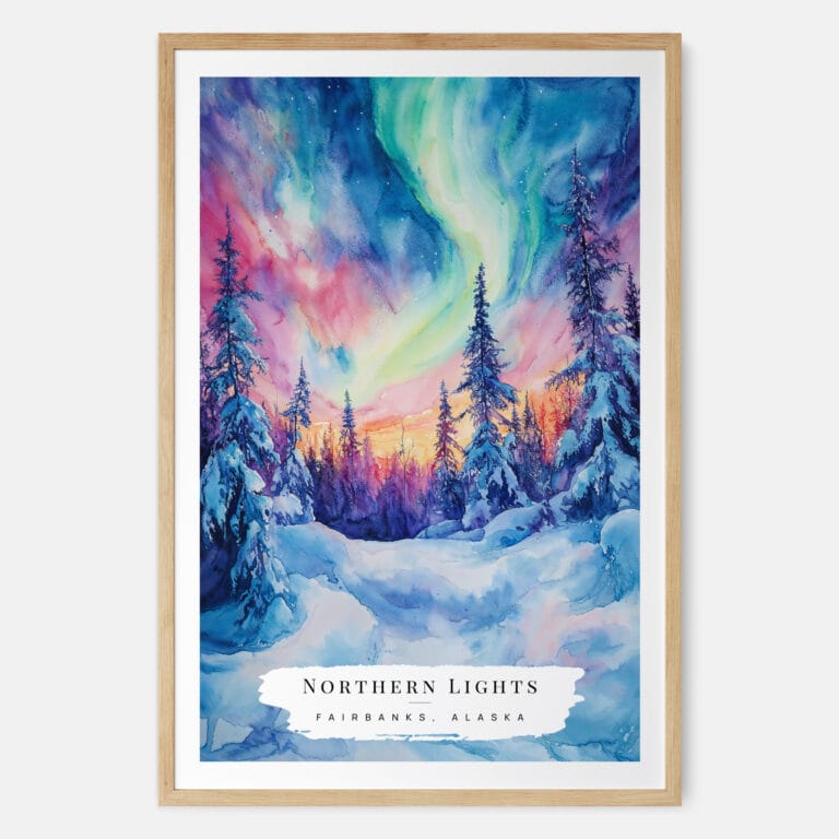 Northern Lights Fairbanks Alaska Watercolor Art Print - Main - Wood Frame