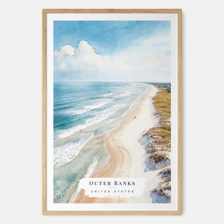 Outer Banks NC Watercolor Art Print - Main - Wood Frame