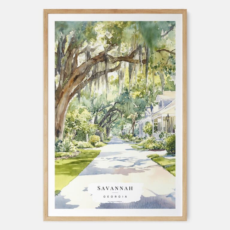 Savannah Georgia Watercolor Art Print - Main - Wood Frame