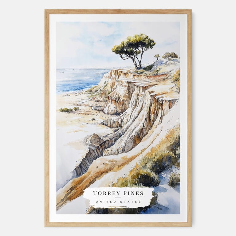 Torrey Pines San Diego Watercolor Art Print - Main - Wood Frame