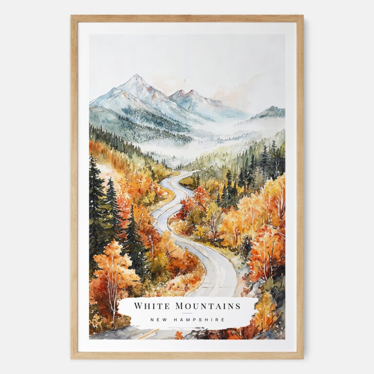 White Mountains New Hampshire Watercolor Art Print - Main - Wood Frame