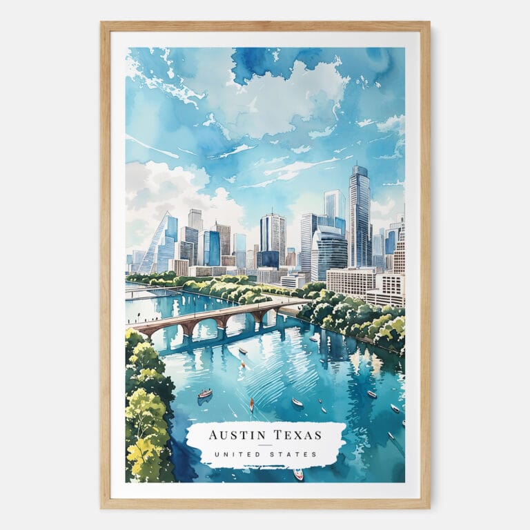 00 Austin Texas Watercolor Art Print Main Wood Frame