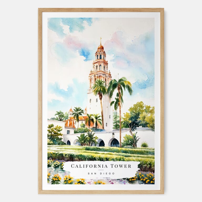 00 - Balboa Park California Tower Watercolor Art Print - Main - Wood Frame