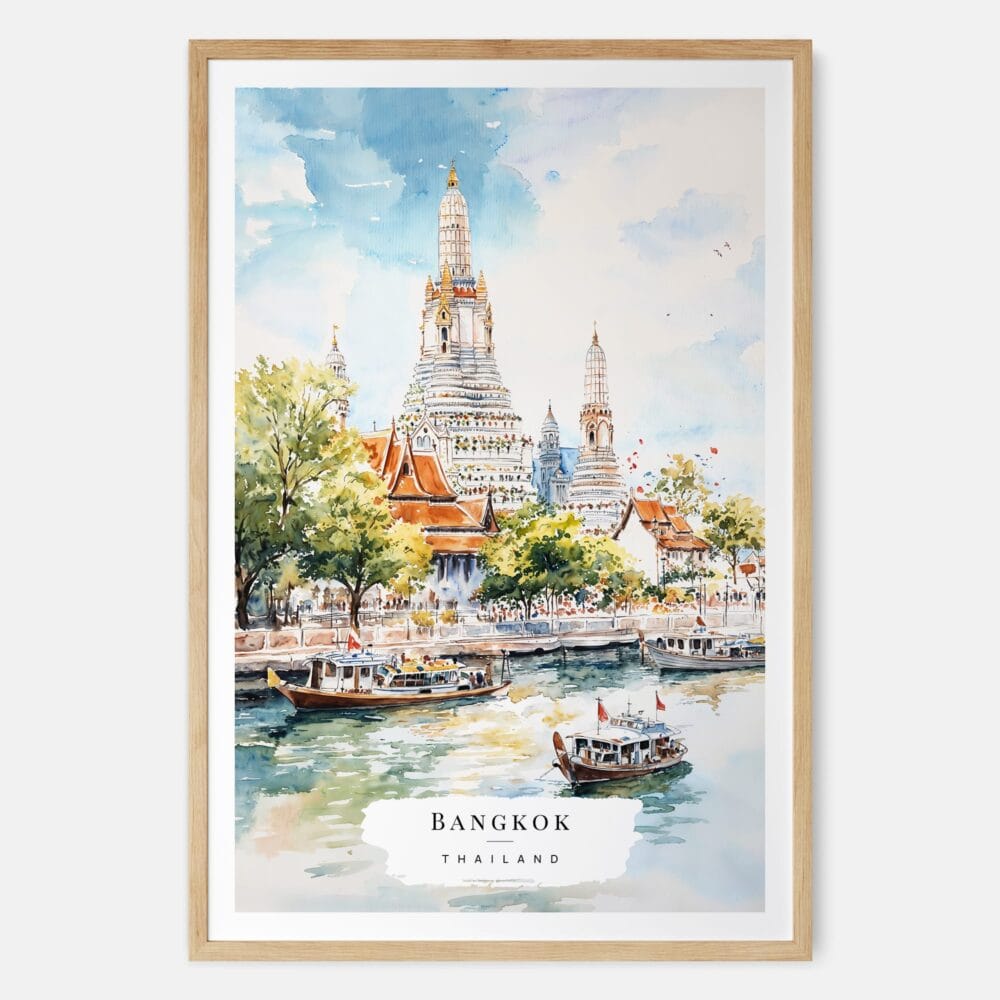 00 - Bangkok Wat Arun Watercolor Art Print - Main - Wood Frame