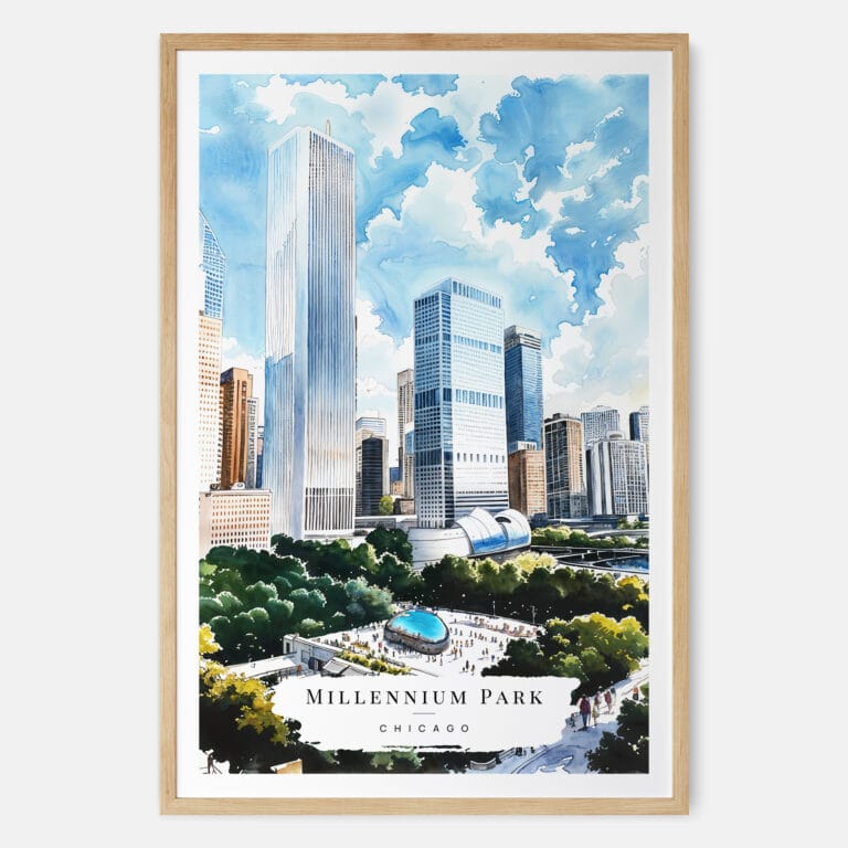 00 - Chicago Millennium Park Watercolor Art Print - Main - Wood Frame