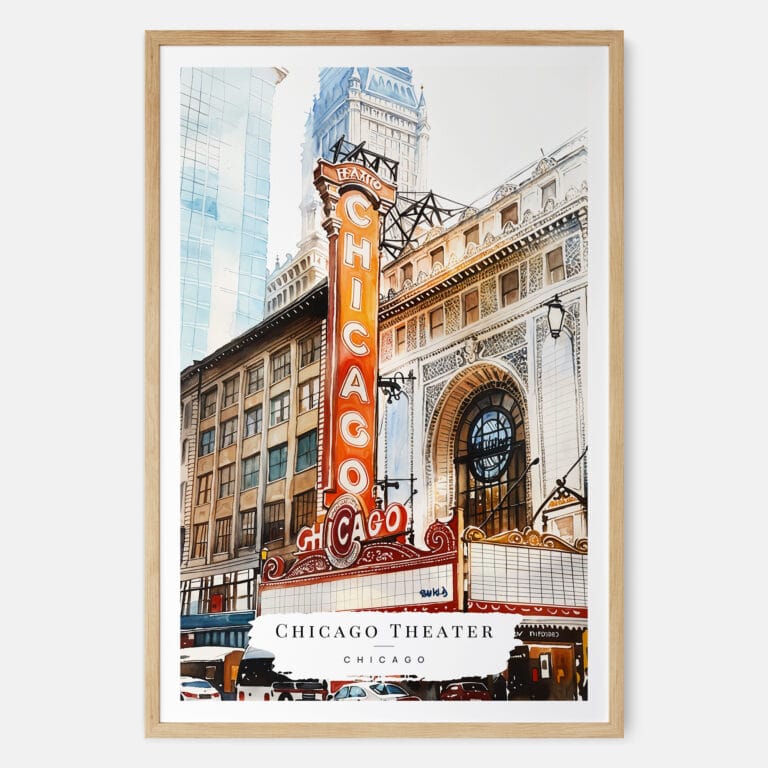 00 - Chicago Theater Watercolor Art Print - Main - Wood Frame