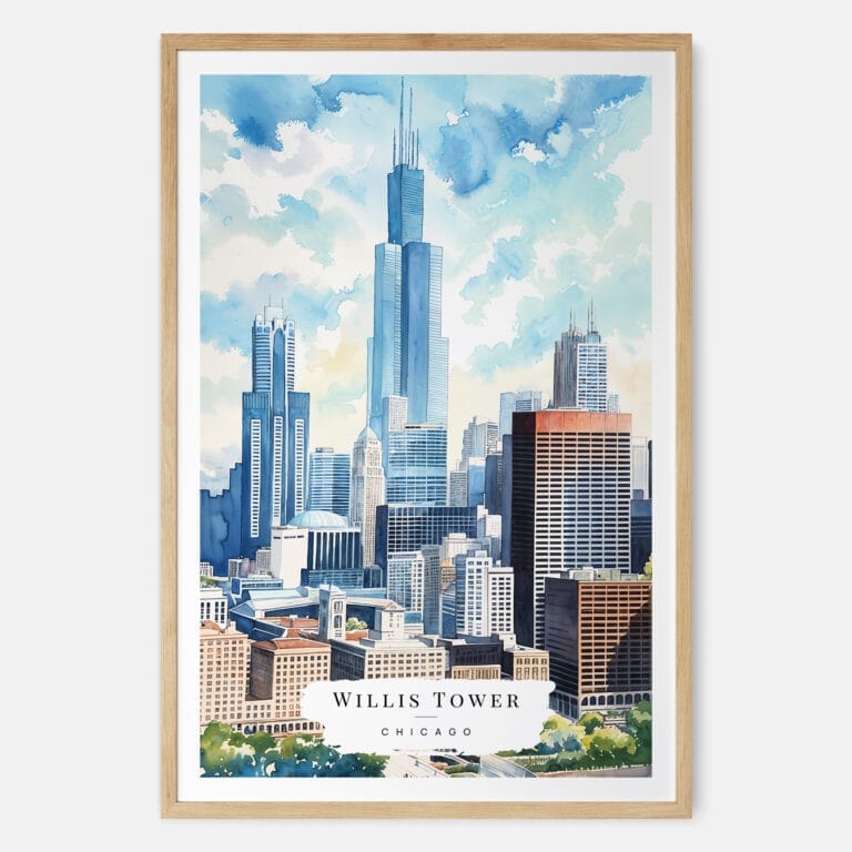 00 - Chicago Willis Tower Watercolor Art Print - Main - Wood Frame