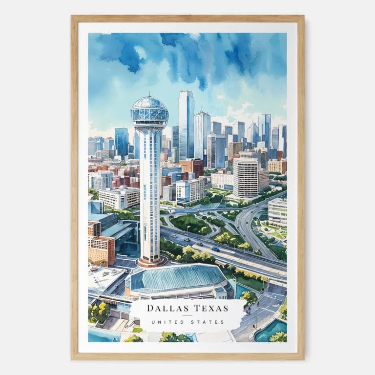 00 - Dallas Texas Watercolor Art Print - Main - Wood Frame