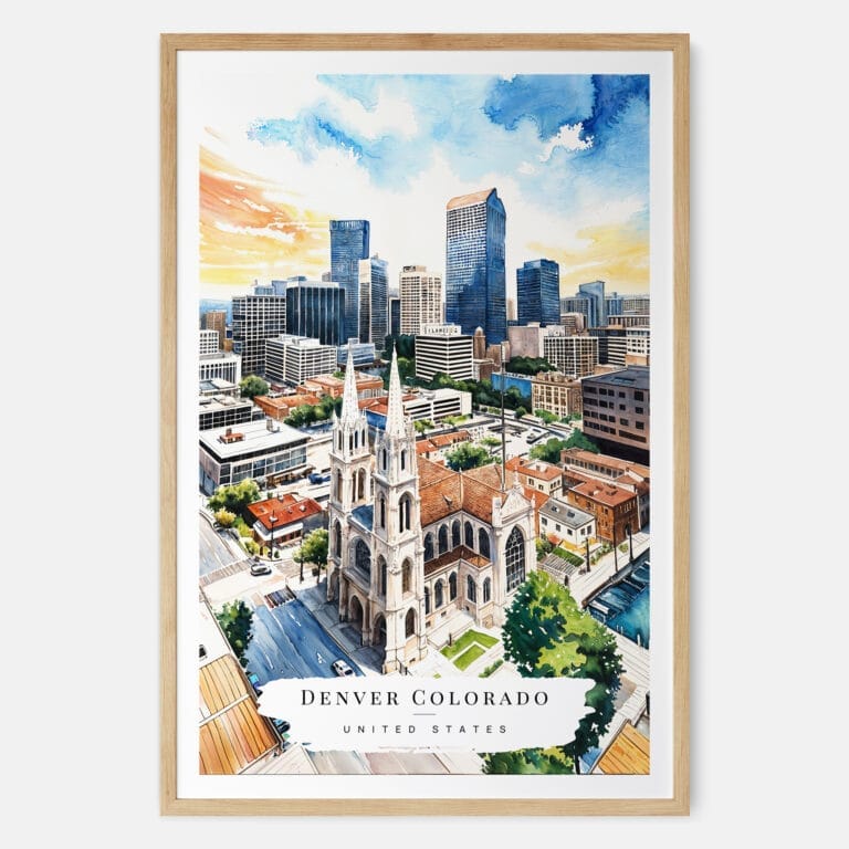 00 - Denver Colorado Skyline Watercolor Art Print - Main - Wood Frame