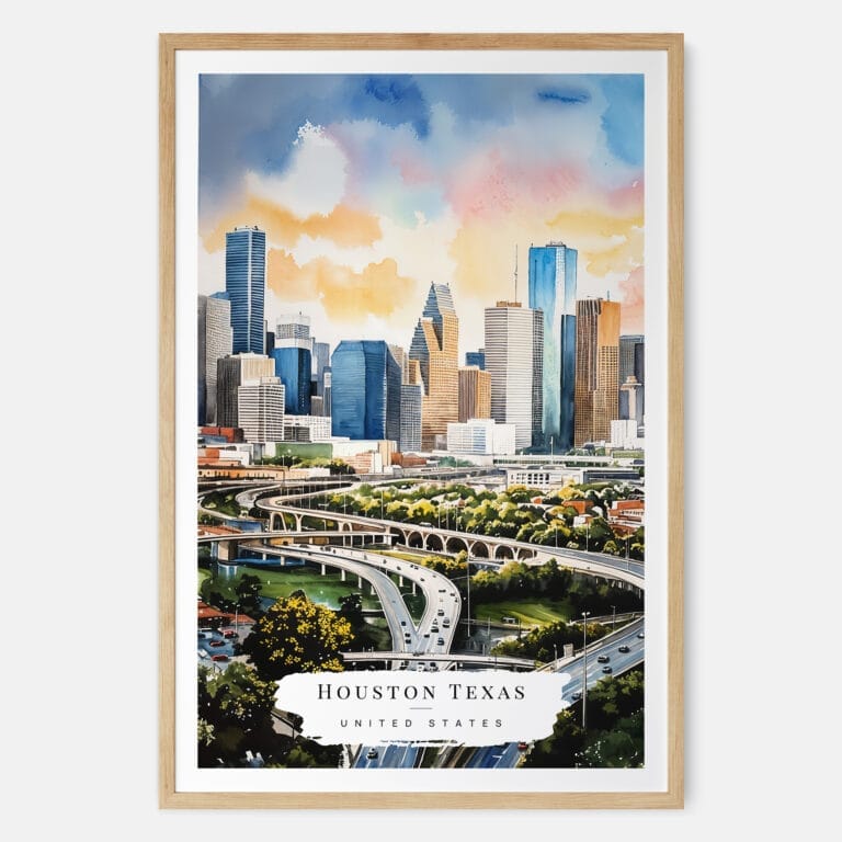 00 - Houston Texas Watercolor Art Print - Main - Wood Frame