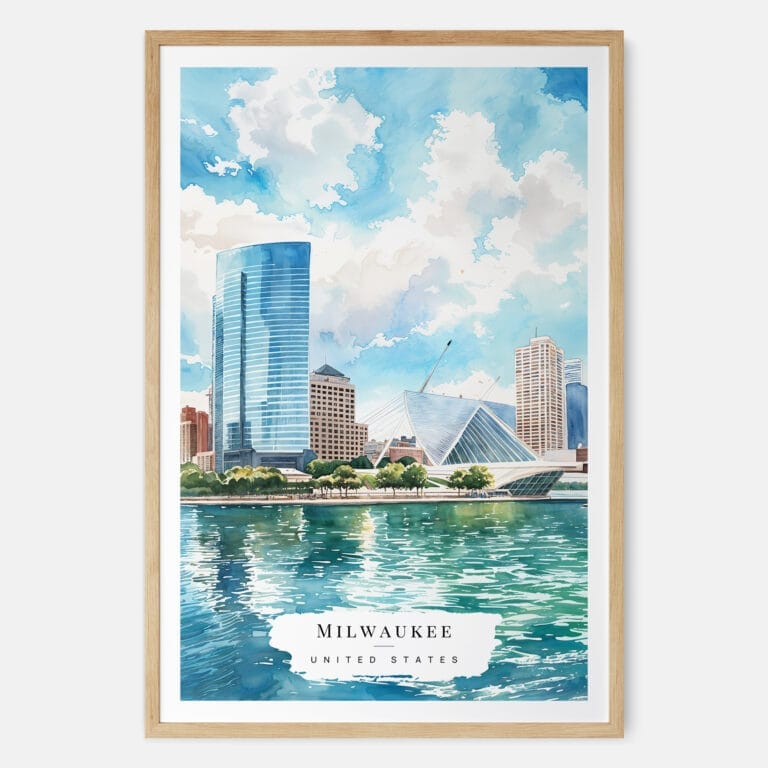 00 - Milwaukee Skyline Watercolor Art Print - Main - Wood Frame