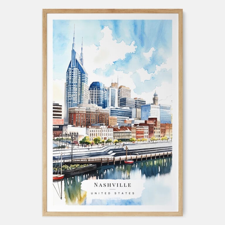 00 - Nashville Skyline Watercolor Art Print - Main - Wood Frame