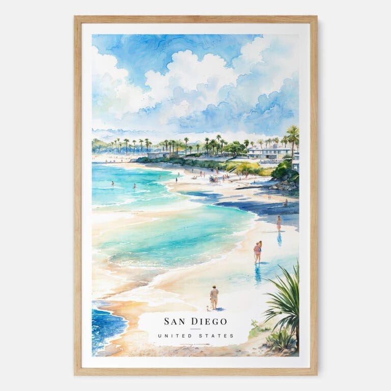 00 - San Diego Beach Watercolor Art Print - Main - Wood Frame