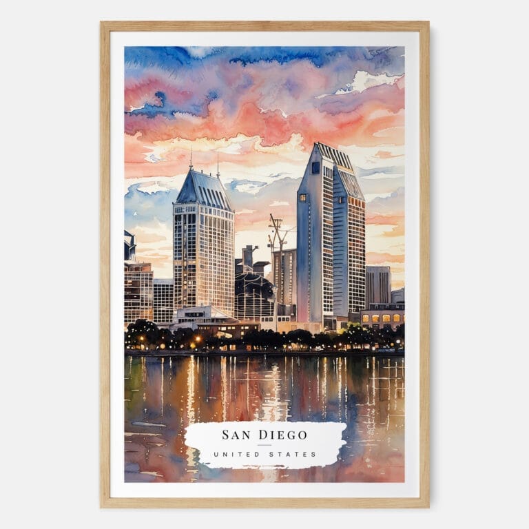 00 - San Diego Skyline Watercolor Art Print - Main - Wood Frame