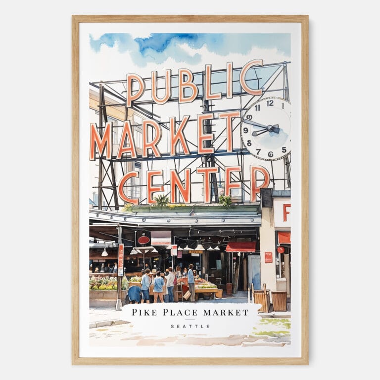 00 - Seattle Pike Place Market Watercolor Art Print - Main - Wood Frame