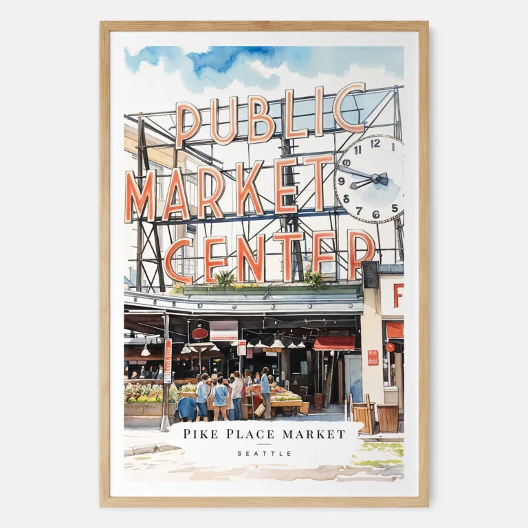 00 - Seattle Pike Place Market Watercolor Art Print - Main - Wood Frame