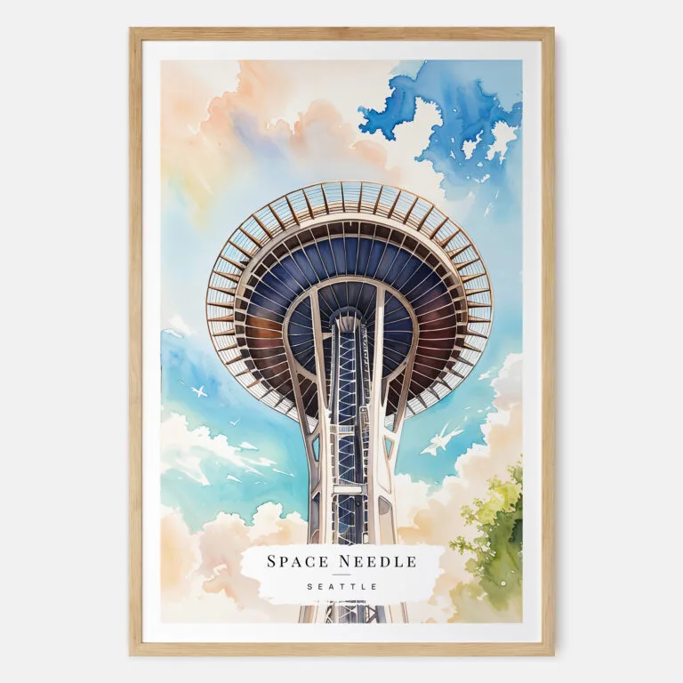 00 - Seattle Space Needle Closeup Watercolor Art Print - Main - Wood Frame