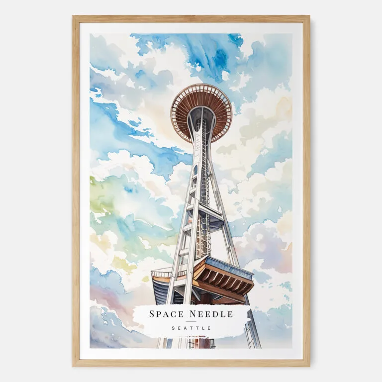 00 - Seattle Space Needle Watercolor Art Print - Main - Wood Frame