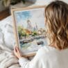 05 - Woman Holding Framed Bangkok Wat Arun Watercolor Wall Art - Portrait