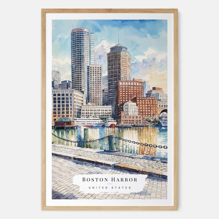 Boston Harbor Watercolor Art Print - Main - Wood Frame