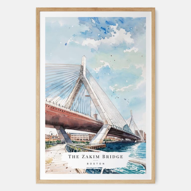 Boston Zakim Bridge Watercolor Art Print - Main - Wood Frame