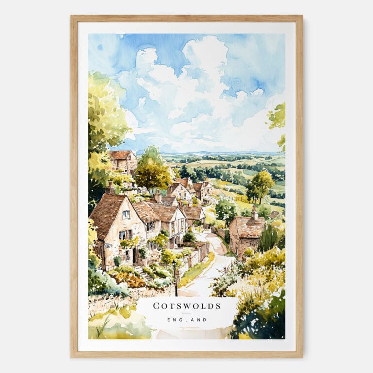 Cotswolds Watercolor Art Print - Main - Wood Frame