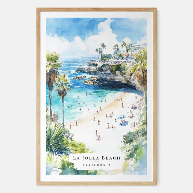 La Jolla Beach Watercolor Art Print - Main - Wood Frame