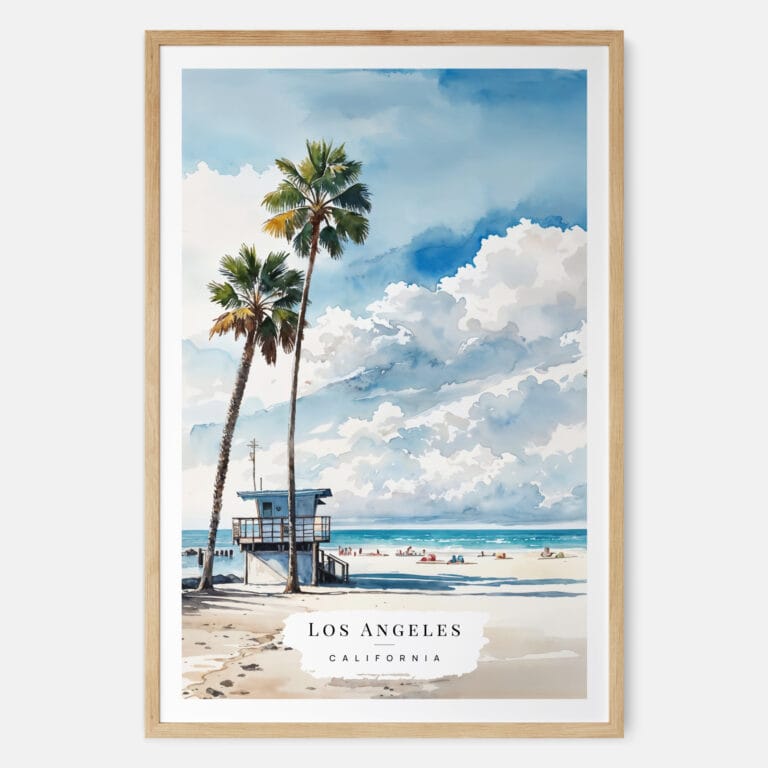 Los Angeles Beach Watercolor Art Print - Main - Wood Frame