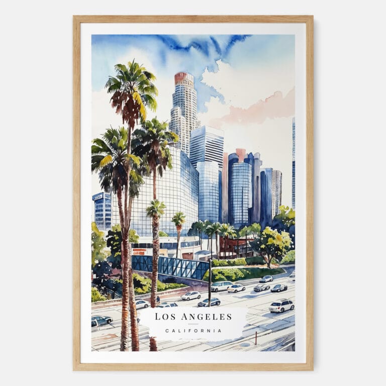 Los Angeles Downtown Watercolor Art Print - Main - Wood Frame