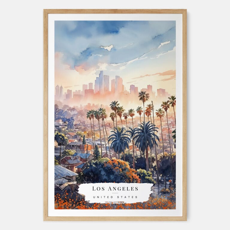 Los Angeles Skyline Watercolor Art Print - Main - Wood Frame