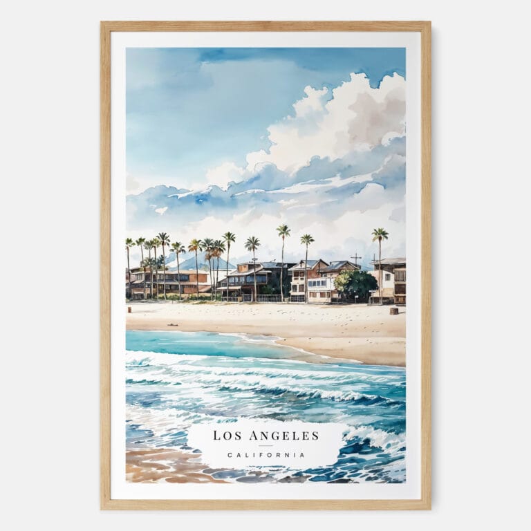 Los Angeles Waterfront Watercolor Art Print - Main - Wood Frame