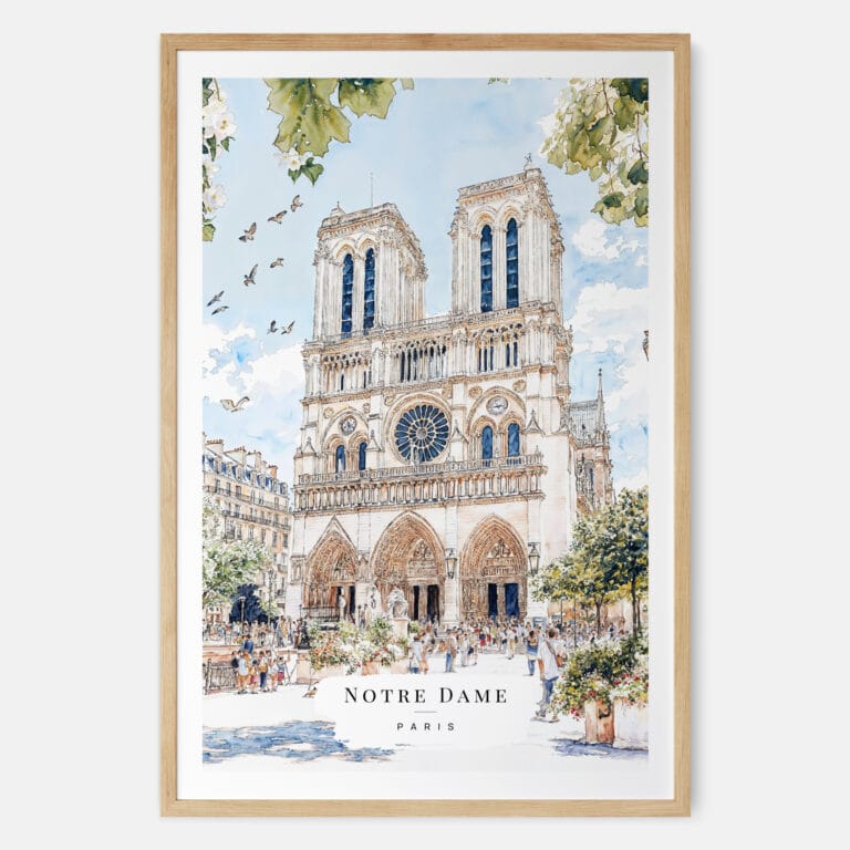 Notre Dame Cathedral Watercolor Art Print - Main - Wood Frame