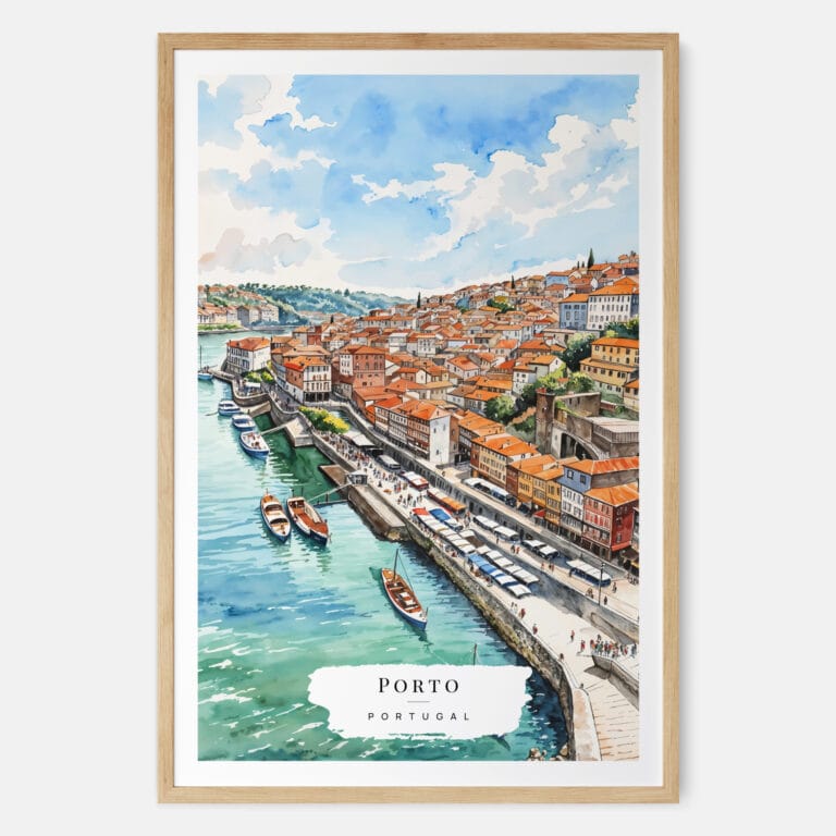 Porto Skyline Watercolor Art Print - Main - Wood Frame