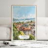 01 - Framed Geneva Switzerland Watercolor Wall Art leaning against couch - Portrait.jpg